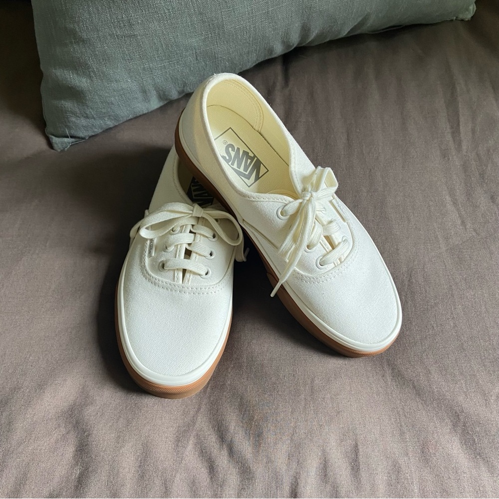 Vans Authentic Cream Canvas Low Top Lace Skate Shoe with Gum Sole